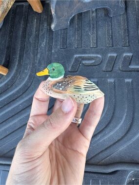 Hand-Painted Mallard Duck Miniature Figurine - Green, Yellow, Brown